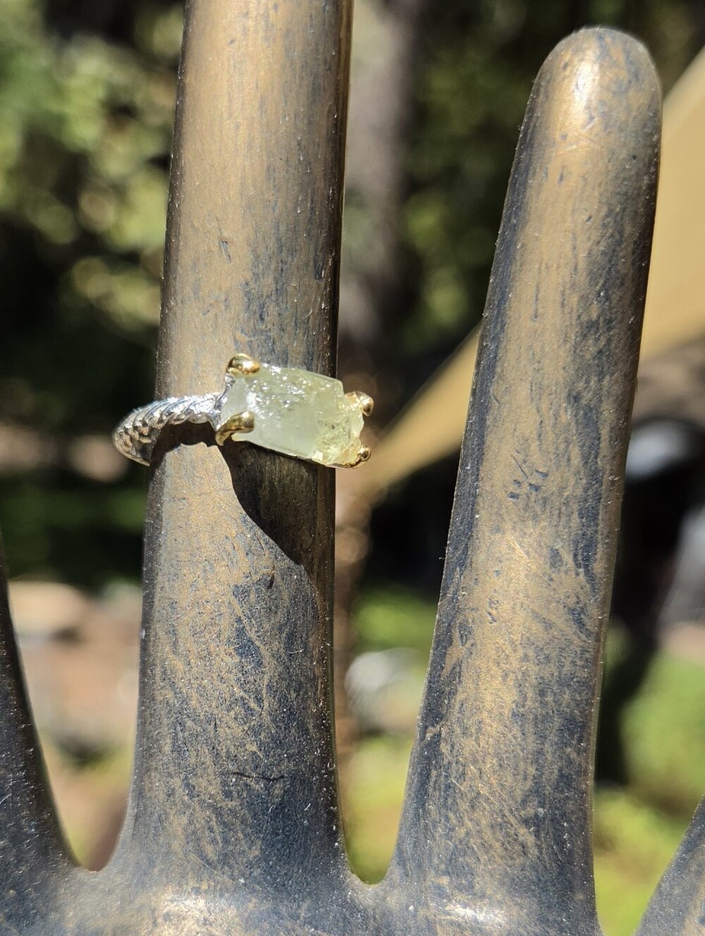 Tourmaline Natural Raw Gemstone Sterling & Gold Ring Sz7 - Picture 4 of 8